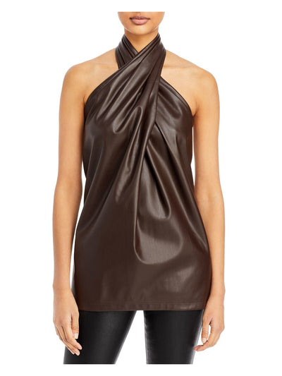 PHILLIP LIN Womens Brown Zippered Vegan Leather Cross Front Lined Sleeveless Halter Cocktail Top 2
