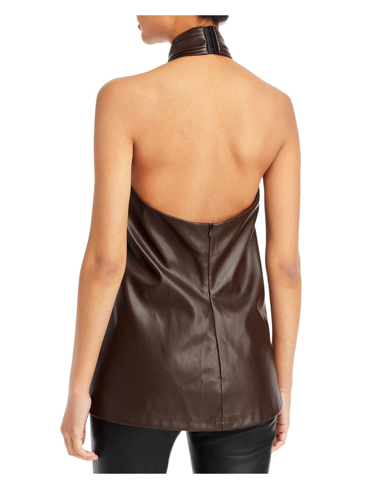 PHILLIP LIN Womens Brown Zippered Vegan Leather Cross Front Lined Sleeveless Halter Cocktail Top 2