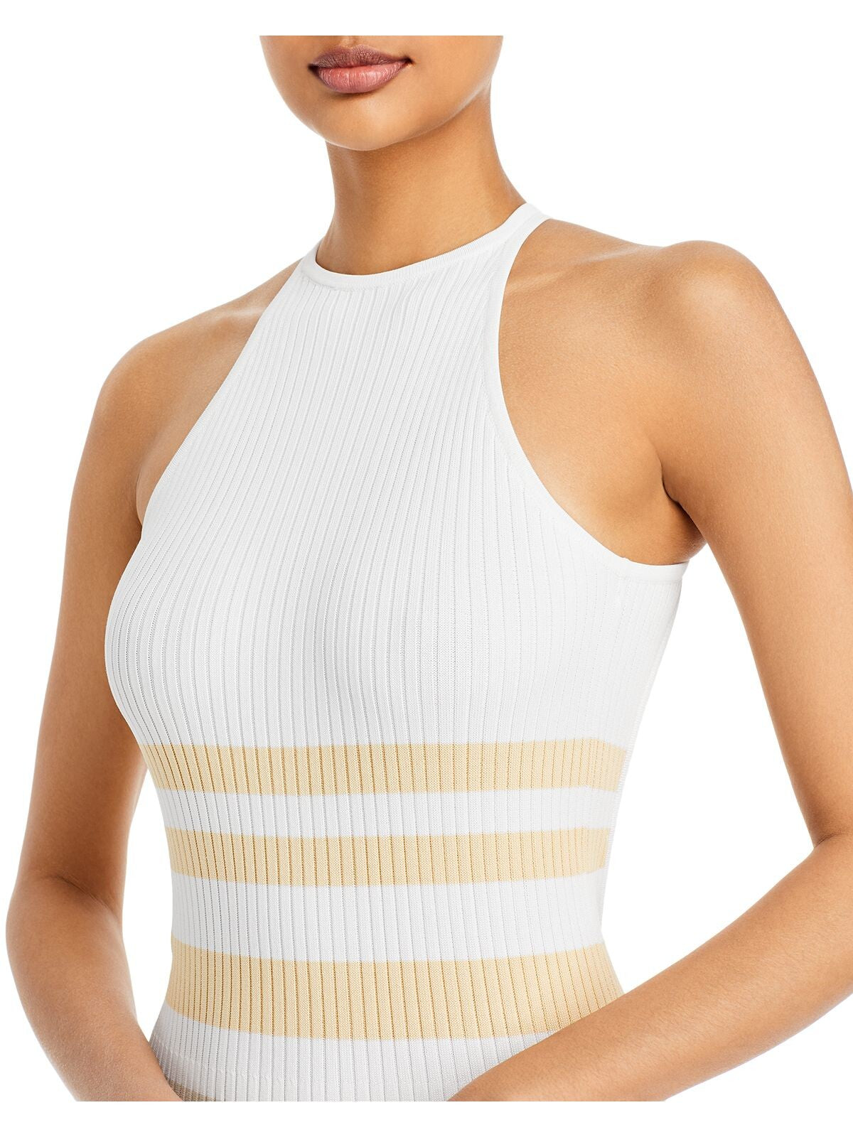 SIGNIFICANT OTHER Womens Beige Ribbed Crisscross Straps Pullover Striped Sleeveless Round Neck Tea-Length Body Con Dress 6