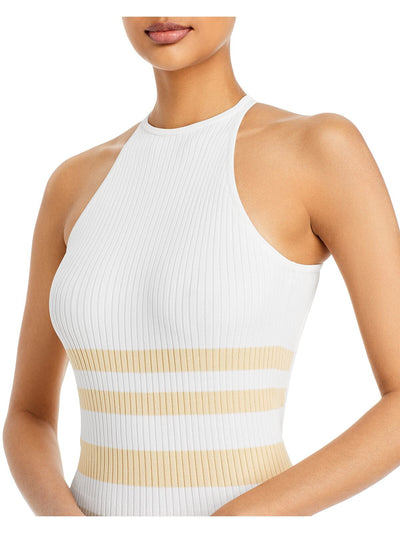 SIGNIFICANT OTHER Womens White Ribbed Crisscross Straps Pullover Striped Sleeveless Round Neck Tea-Length Body Con Dress 4