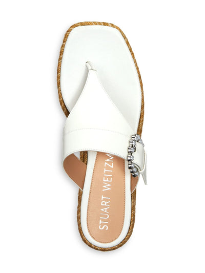 STUART WEITZMAN Womens White Faux Pearl Embellished Woven Espadrille Square Toe Wedge Slip On Leather Thong Sandals Shoes 11 M