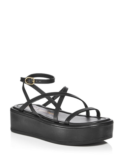 STUART WEITZMAN Womens Black 1-1/2" Platform Comfort Strappy Summerlift Round Toe Wedge Buckle Leather Slingback Sandal 10