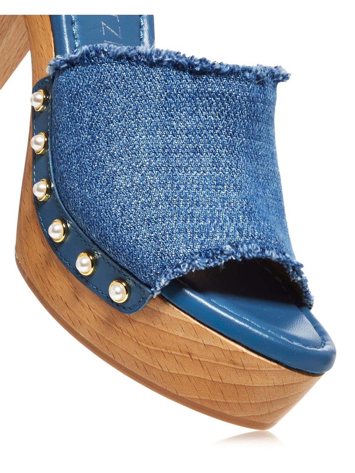 STUART WEITZMAN Womens Blue Platform 2 Faux Pearl Frayed Studded Almond Toe Block Heel Slip On Heeled M