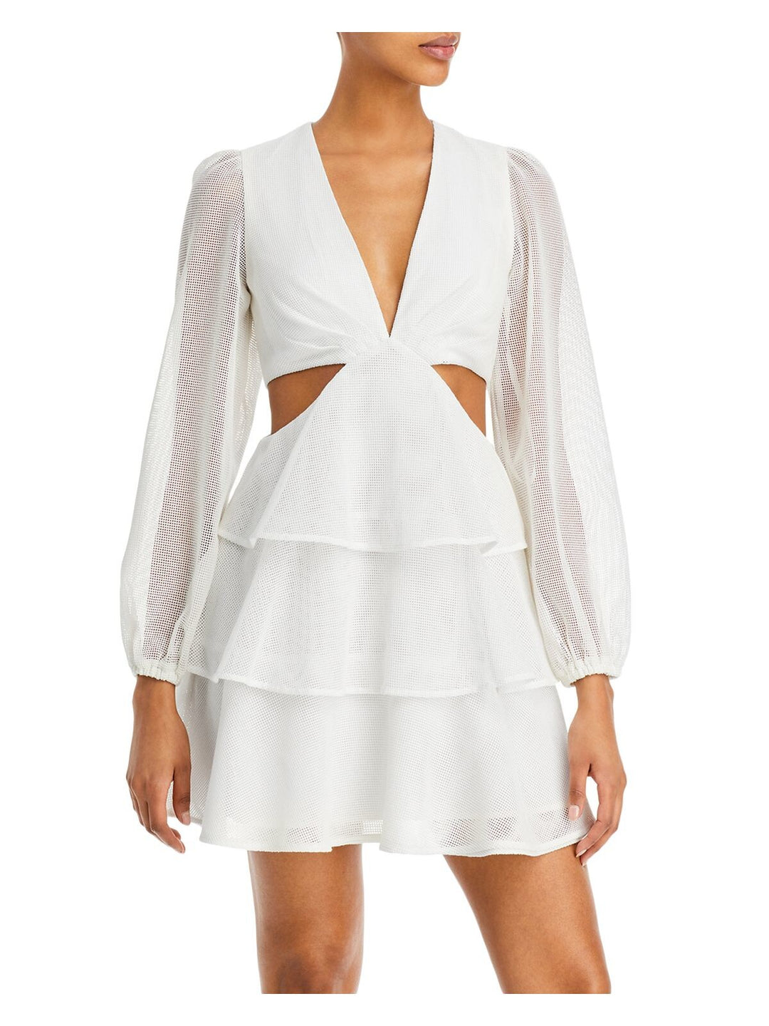Aqua Formal Womens Zippered Long Sleeve V Neck Short Evening Fit + Flare Dress 12 / Ivory