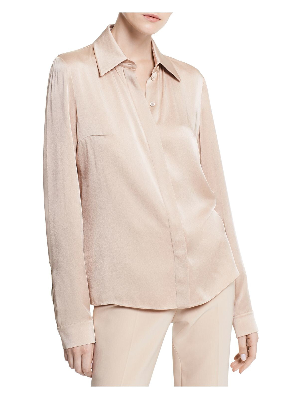 MICHAEL KORS Womens Beige Darted Shirttail Hem Cuffed Sleeve Collared Button Up Top 8