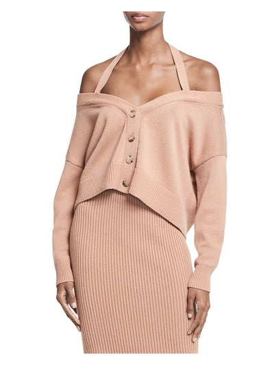 MICHAEL KORS Womens Beige Long Sleeve Halter Cocktail Button Up Sweater L