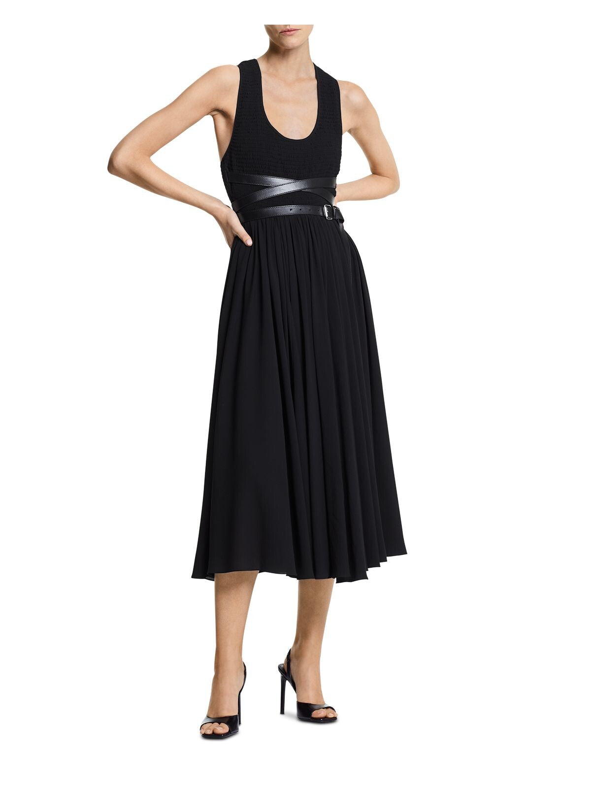 MICHAEL KORS Womens Black Zippered Racerback Smocked Attached Buckle Belt Sleeveless Scoop Neck Midi Party Fit + Flare Dress 6
