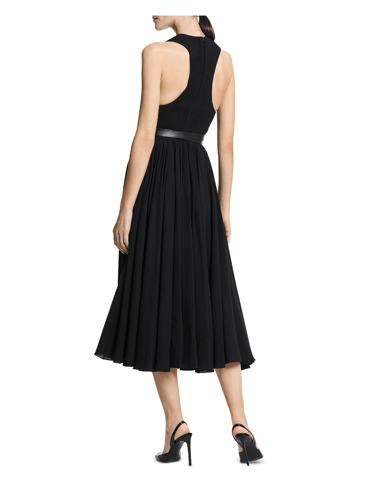 MICHAEL KORS Womens Black Zippered Racerback Smocked Attached Buckle Belt Sleeveless Scoop Neck Midi Party Fit + Flare Dress 8