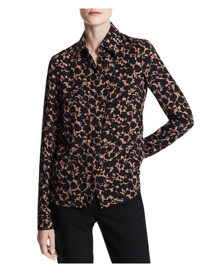 MICHAEL KORS Womens Black Darted Shirttail Hem Printed Cuffed Sleeve Collared Button Up Top 2