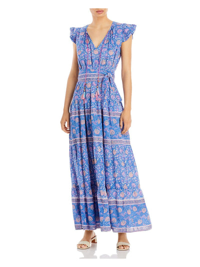 BELL Womens Blue Flutter Sleeve Split Maxi Shift Dress M