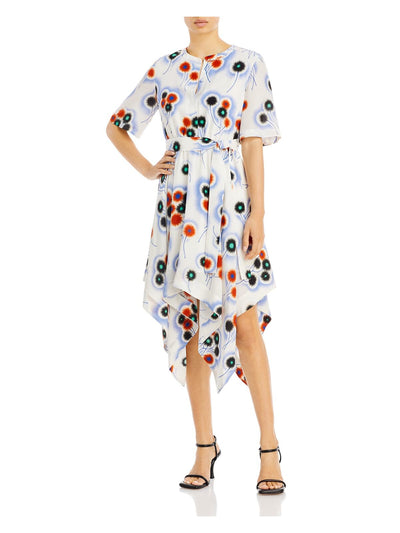 JASON WU Womens White Lined Pleated Handkerchief Hem Button Front Printed Short Sleeve Crew Neck Midi Fit + Flare Dress 0