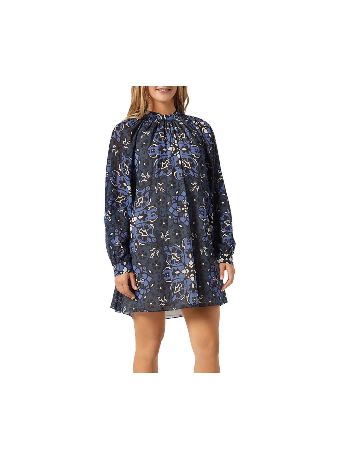 JOIE Womens Navy Gathered Tie Lined Pullover Floral Cuffed Sleeve Mock Neck Mini Trapeze Dress XS