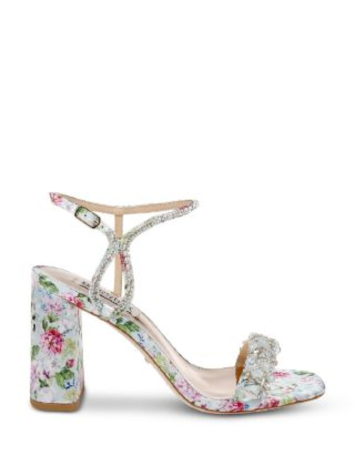 BADGLEY MISCHKA Womens Light Blue Floral Padded Beaded Ankle Strap Embellished Tanisha Square Toe Block Heel Buckle Dress Heeled Sandal 6