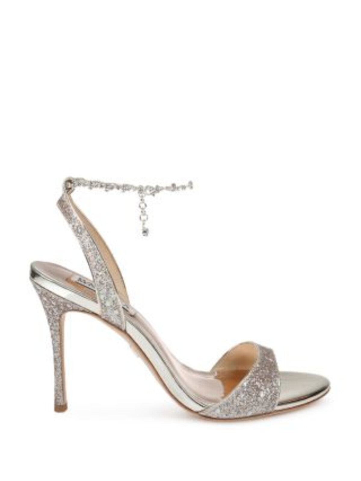 BADGLEY MISCHKA Womens Silver Gem Embellished Clasp Chain Glitter Ankle Strap Cushioned Tiffany Almond Toe Stiletto Slip On Dress Slingback Sandal 8