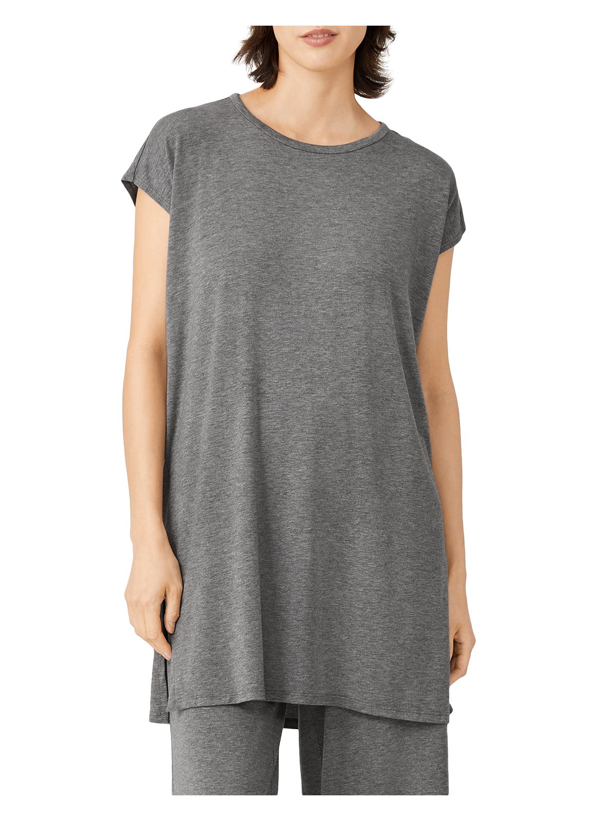 EILEEN FISHER Womens Gray Heather Cap Sleeve Crew Neck Tunic Top Petites PM