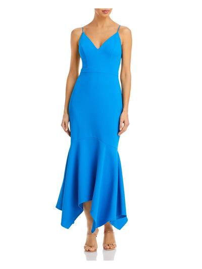 AQUA FORMAL Womens Blue Zippered Adjustable Lined Spaghetti Strap V Neck Full-Length Cocktail Mermaid Dress 8