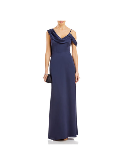 AQUA FORMAL Womens Navy Zippered Adjustable Lined Sleeveless Asymmetrical Neckline Full-Length Evening Gown Dress 12