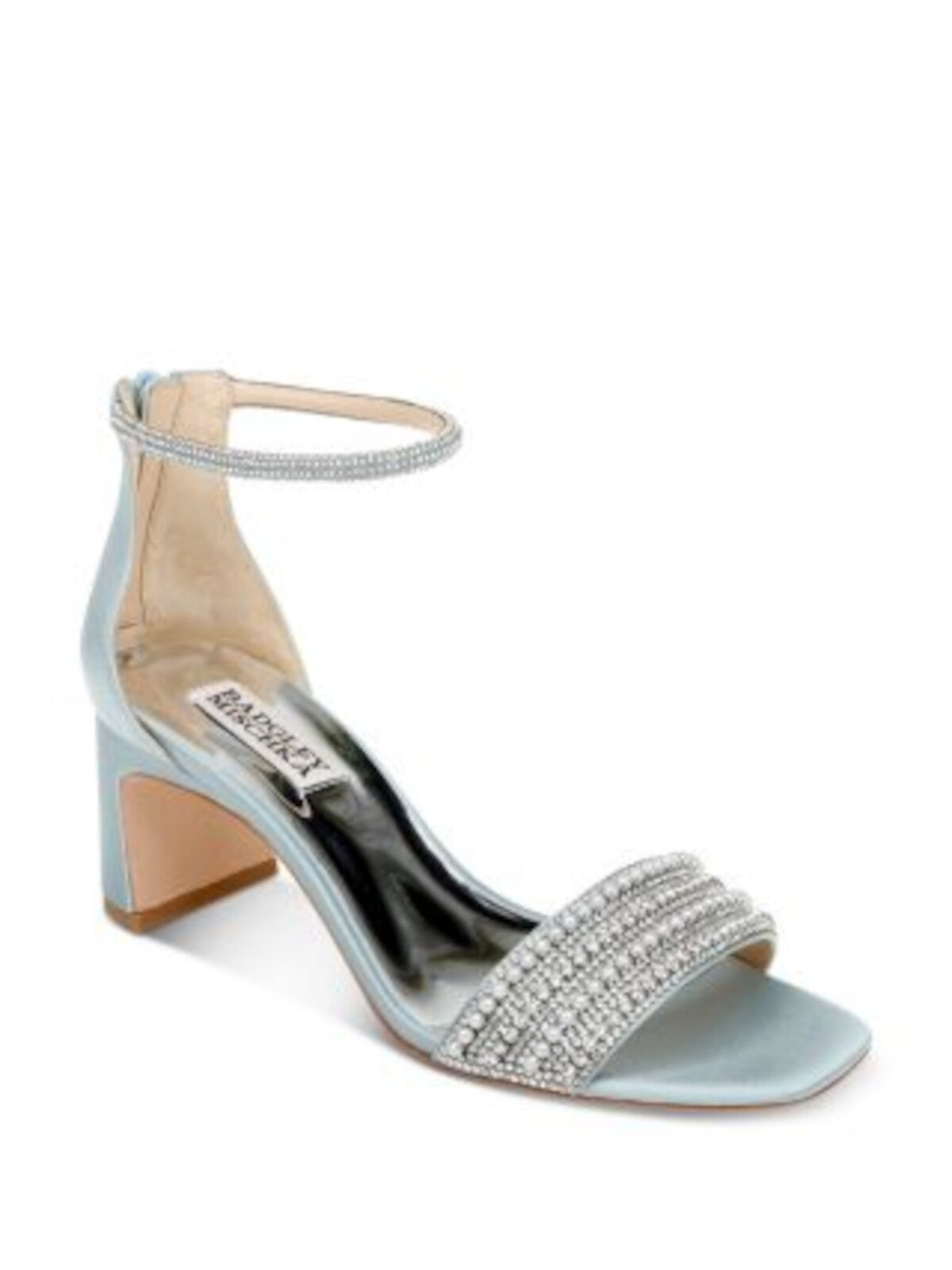 BADGLEY MISCHKA Womens Light Blue Mixed Media Padded Embellished Rhinestone Kameryn Square Toe Block Heel Zip-Up Heeled Sandal 6.5 M