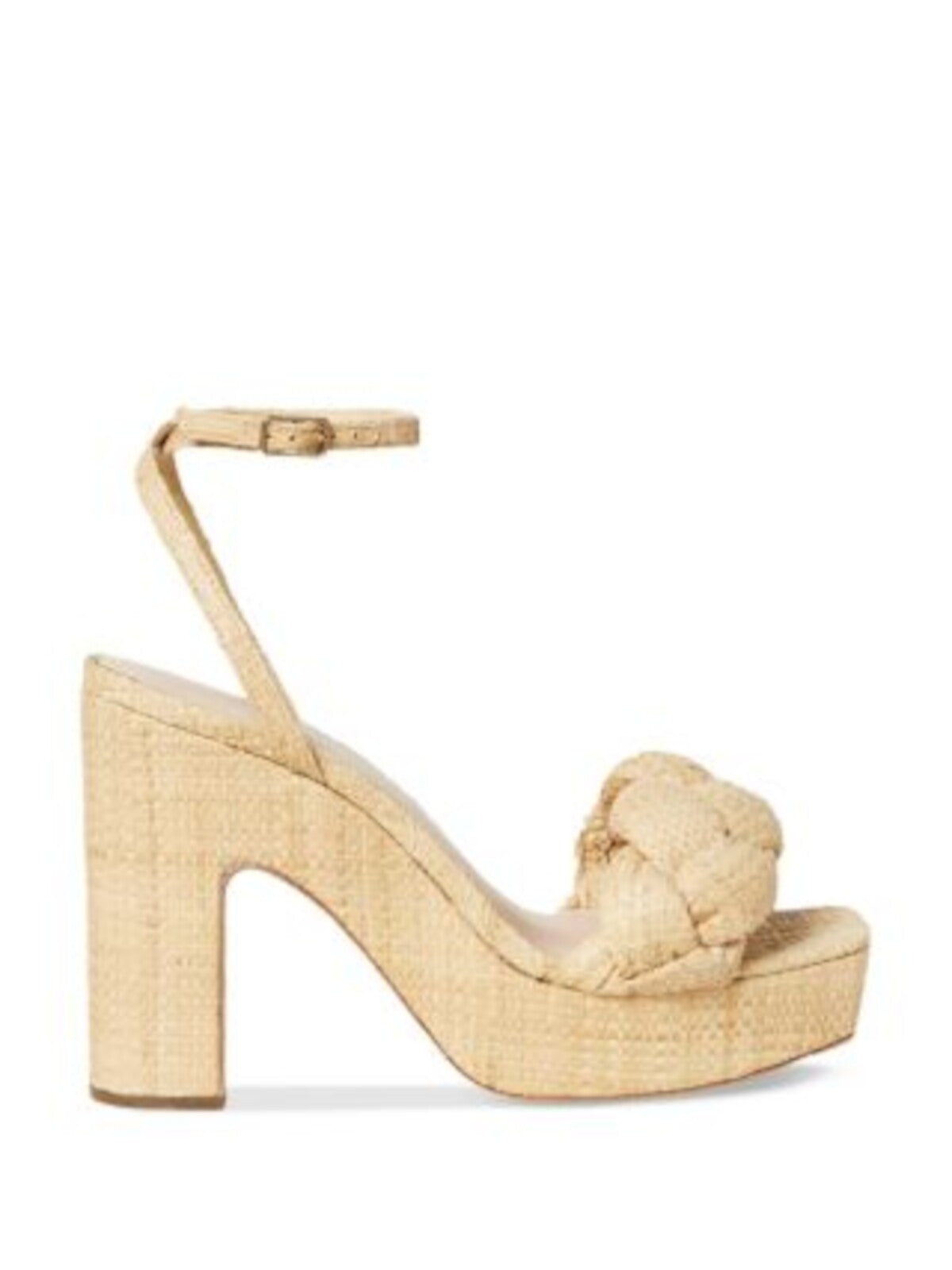 LOEFFLER RANDALL Womens Beige Raffia 1-1/2" Platform Padded Braided Ankle Strap Fae Square Toe Block Heel Buckle Heeled Sandal 8 B