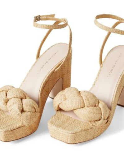 LOEFFLER RANDALL Womens Beige Raffia 1-1/2" Platform Padded Braided Ankle Strap Fae Square Toe Block Heel Buckle Heeled Sandal 8 B