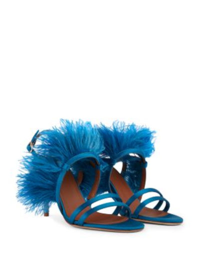 MALONE SOULIERS Womens Blue Padded Feather Accent Sonia Round Toe Stiletto Buckle Heeled Sandal 35.5