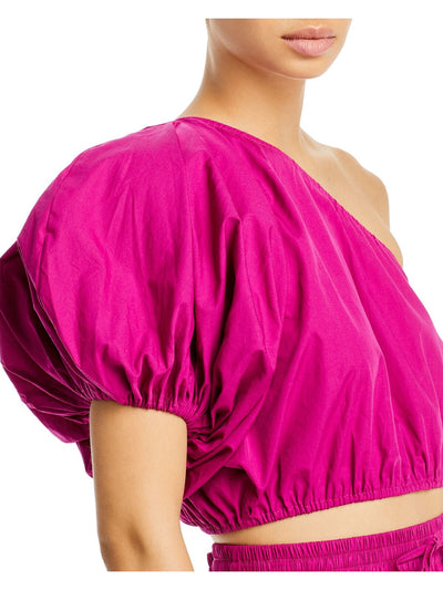 S/W/F Womens Purple Textured Elasticized Pullover Pouf Sleeve Asymmetrical Neckline Cocktail Crop Top M