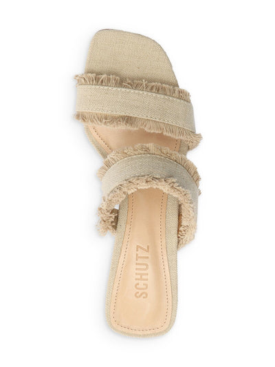 SCHUTZ Womens Beige Frayed Padded Amely Square Toe Block Heel Slip On Heeled Sandal 10