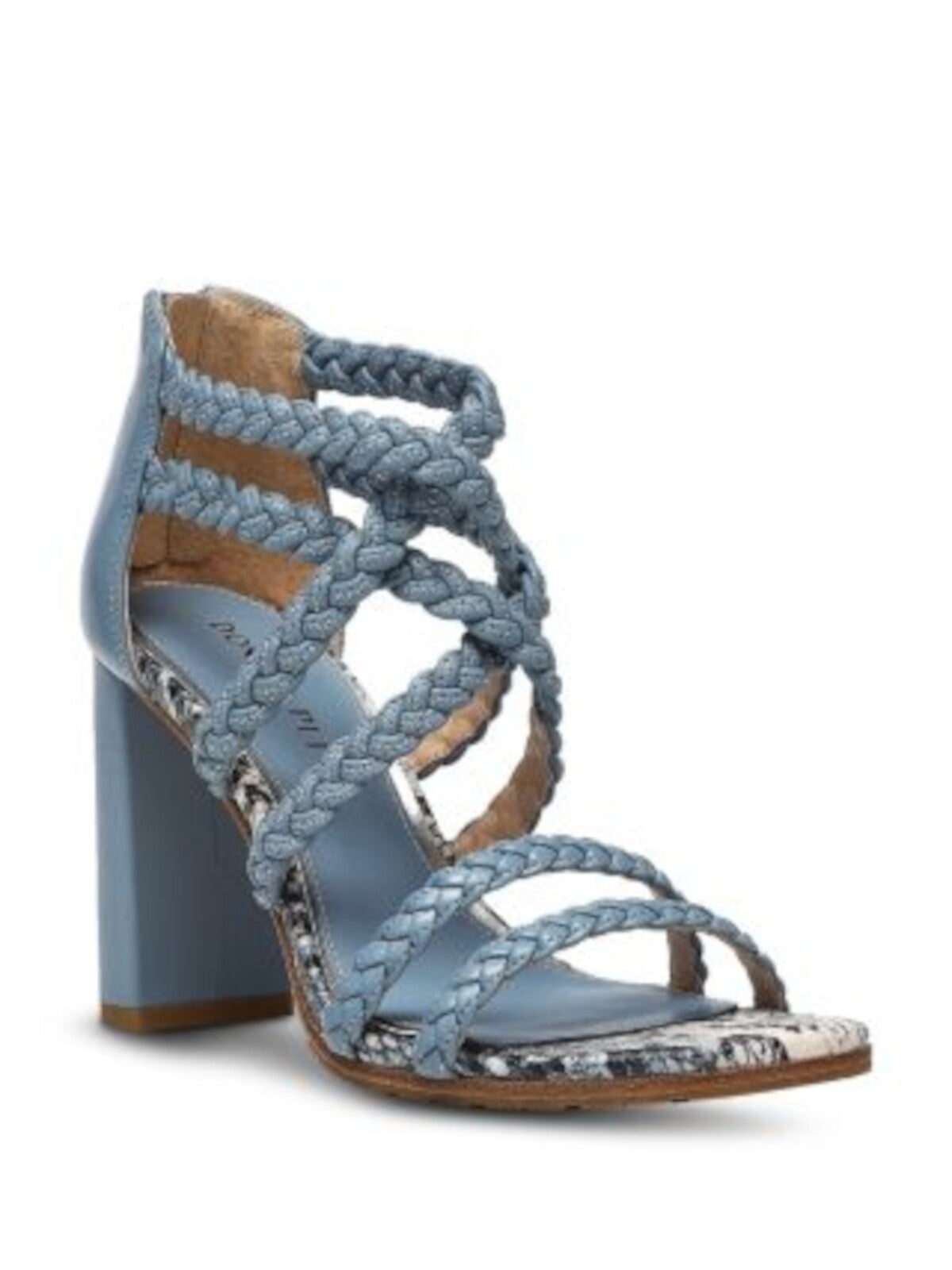 DONALD PLINER Womens Blue Mixed Media Snake Braided Padded Seska Square Toe Block Heel Zip-Up Leather Heeled Sandal 8.5 M