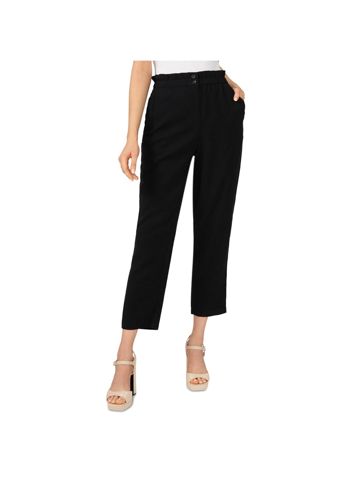 VINCE CAMUTO Womens Black Zippered Pocketed Paperbag Waist Straight Cropped Wear To Work High Waist Pants 12