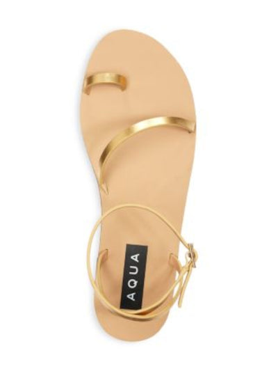 AQUA Womens Gold Goring Toe Strap Asymmetrical Ankle Strap Marin Round Toe Buckle Leather Sandals Shoes 7.5 M