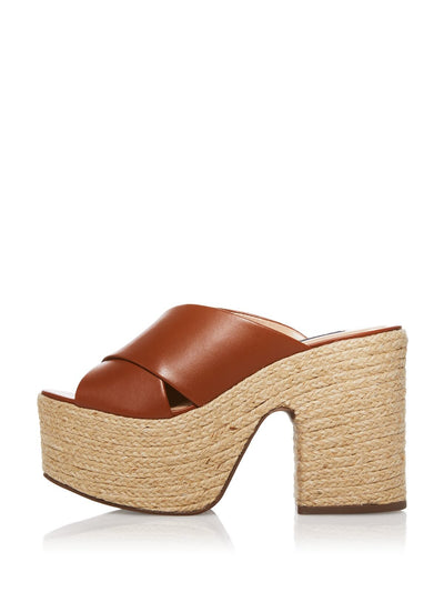 AQUA Womens Brown 2-1/2" Platform Comfort July Round Toe Block Heel Slip On Leather Espadrille Shoes 8 M