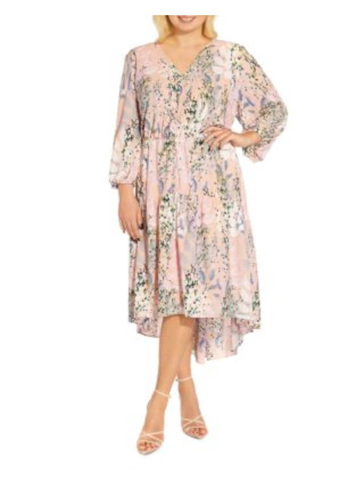 ADRIANNA PAPELL Womens Pink Sheer Pullover Tiered Hi-lo Hem Lined Floral Blouson Sleeve V Neck Tea-Length Fit + Flare Dress Plus 14W