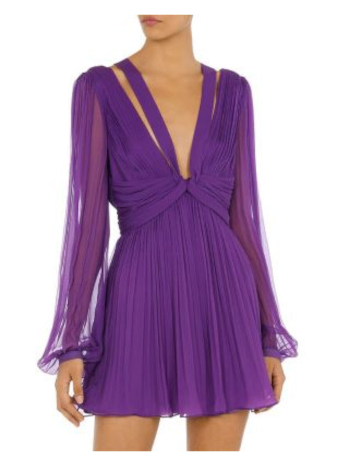 ALBERTA FERRETTI Womens Purple Zippered Twist Front Sheer Pleated Cutout Lined Long Sleeve V Neck Mini Cocktail Empire Waist Dress 0