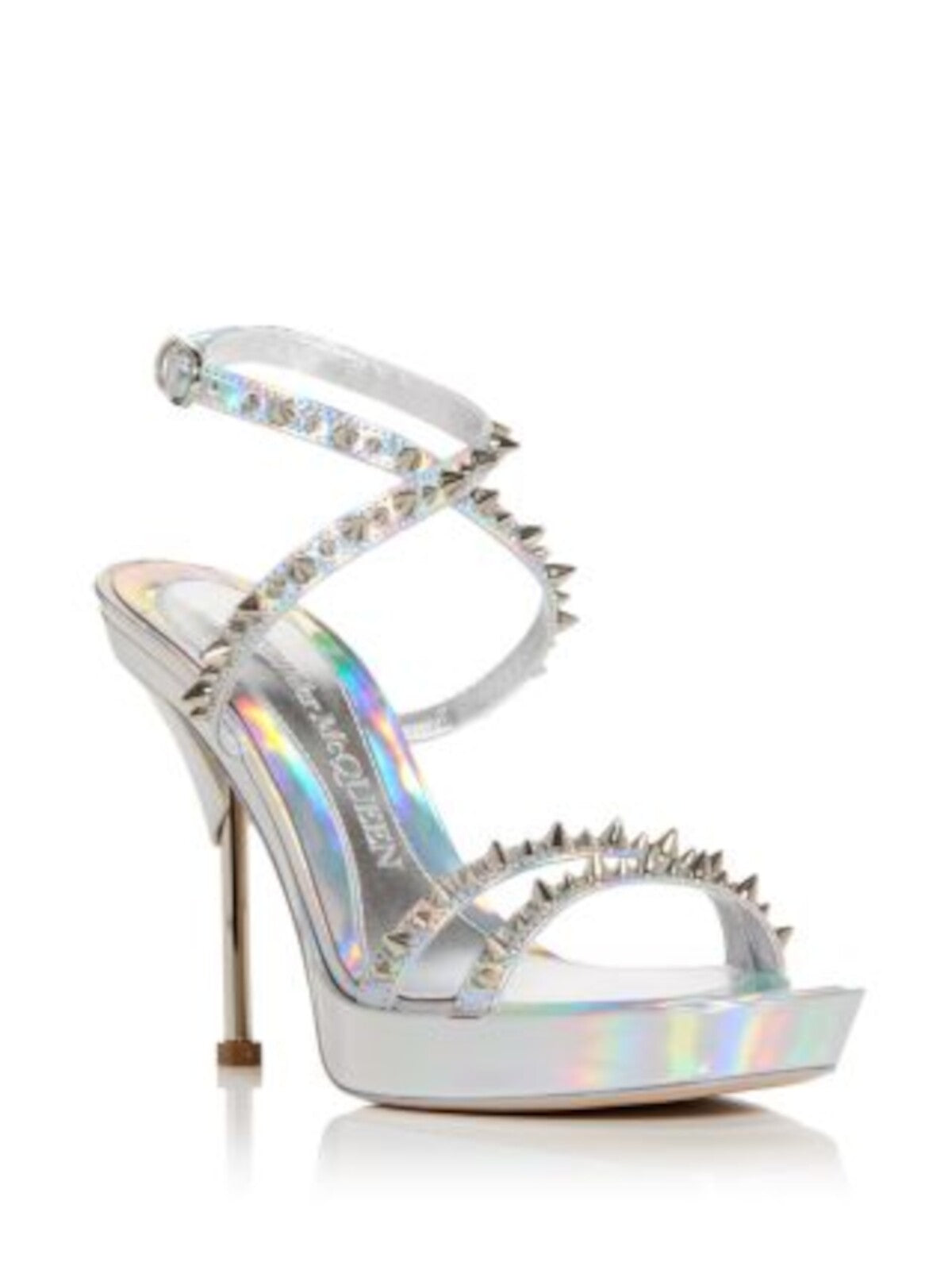 ALEXANDER MCQUEEN Womens Silver Iridescent Padded 1" Platform Ankle Strap Studded Punk Stud Round Toe Sculpted Heel Buckle Leather Heeled Sandal 38