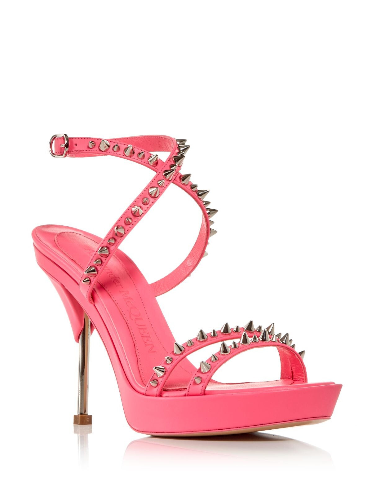 ALEXANDER MCQUEEN Womens Pink Metallic Heel 1" Platform Studded Strappy Round Toe Stiletto Buckle Leather Heeled Sandal 36.5