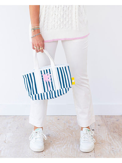KERRI ROSENTHAL Women's White Striped Canvas Top Handle Strap Tote Handbag Purse