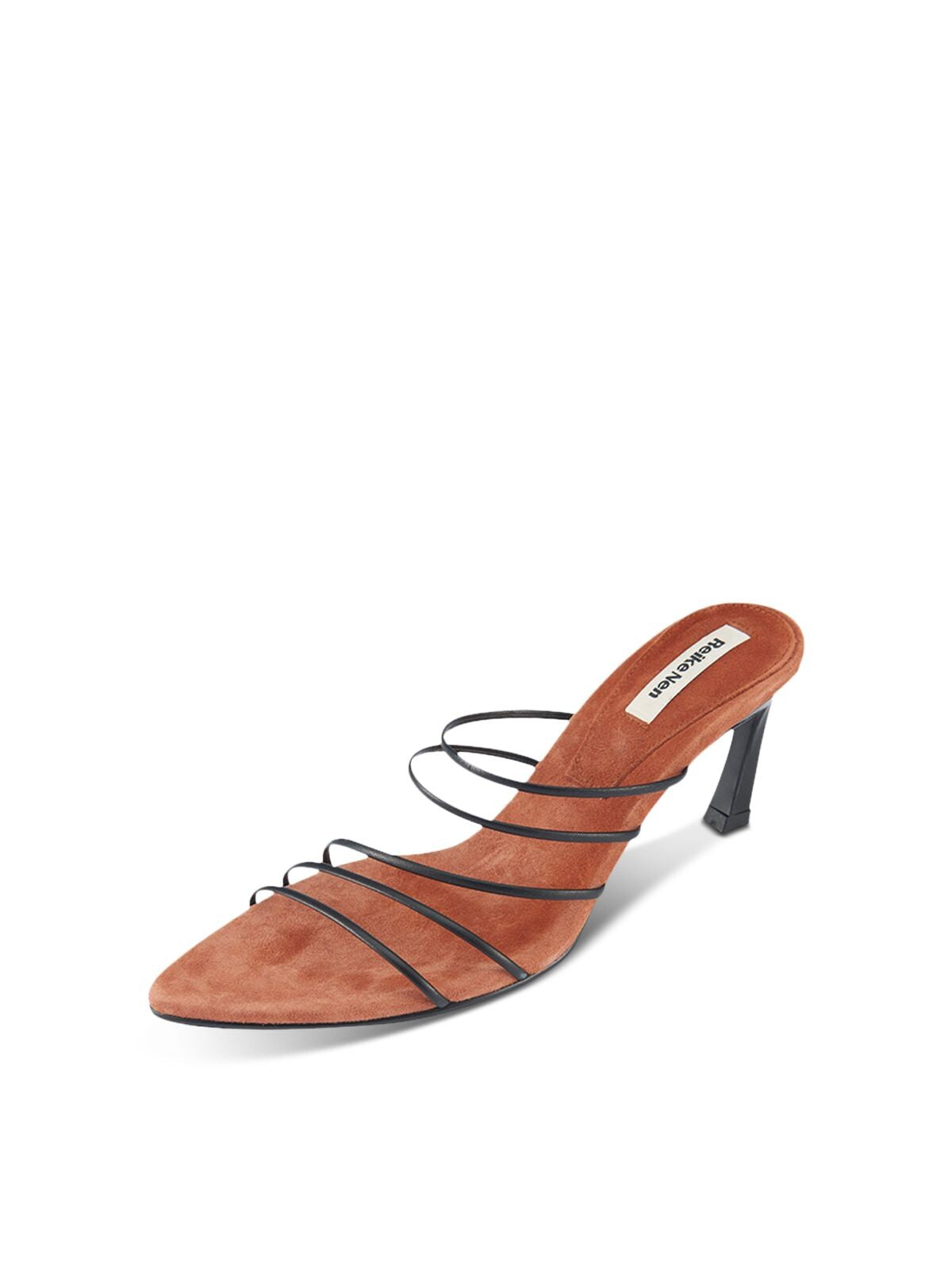 REIKE NEN Womens Black Asymmetrical Strappy Almond Toe Stiletto Slip On Leather Heeled Sandal 38