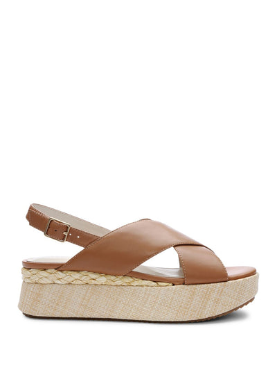 SANCTUARY Womens Beige 1-1/2" Platform Woven Crisscross Straps Adjustable Strap Cushioned All Smiles Round Toe Wedge Buckle Leather Espadrille Shoes 9.5