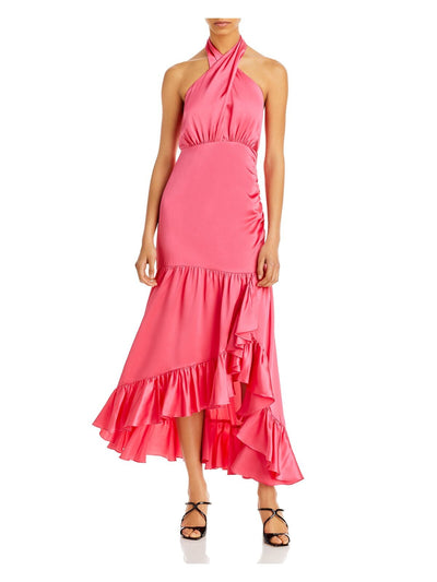 CINQ A SEPT Womens Pink Zippered Ruffled Pleated Unlined Tiered Sleeveless Halter Maxi Fit + Flare Dress 6