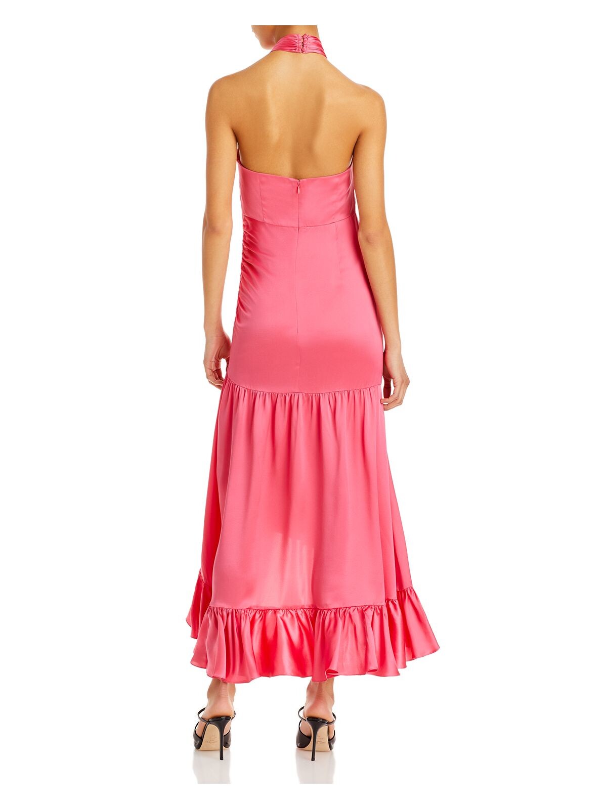 CINQ A SEPT Womens Pink Zippered Ruffled Pleated Unlined Tiered Sleeveless Halter Maxi Fit + Flare Dress 6