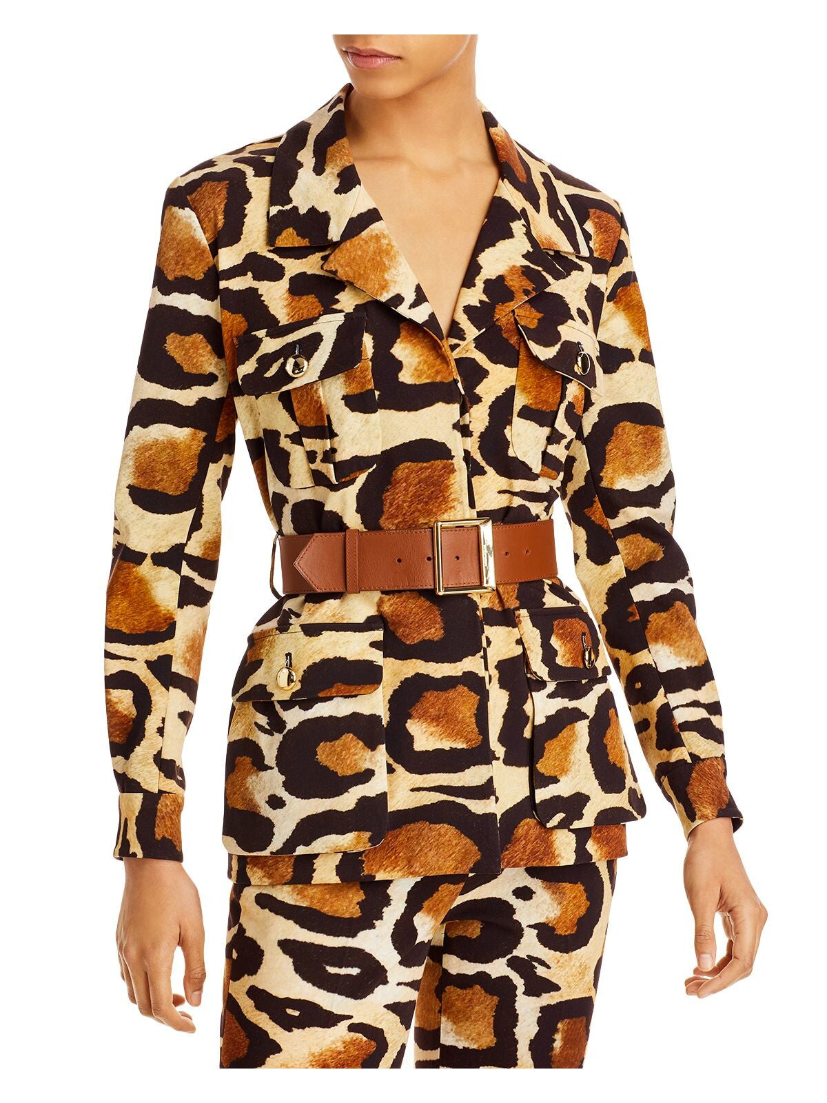 SERGIO HUDSON Womens Brown Belted Pocketed Button Cuffs Animal Print Cocktail Button Down Jacket 4