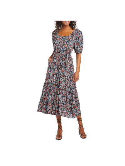 KAREN KANE Womens Black Ruffled Pocketed Self-tie Belt Tiered Floral Pouf Sleeve Scoop Neck Midi Wear To Work Fit + Flare Dress M