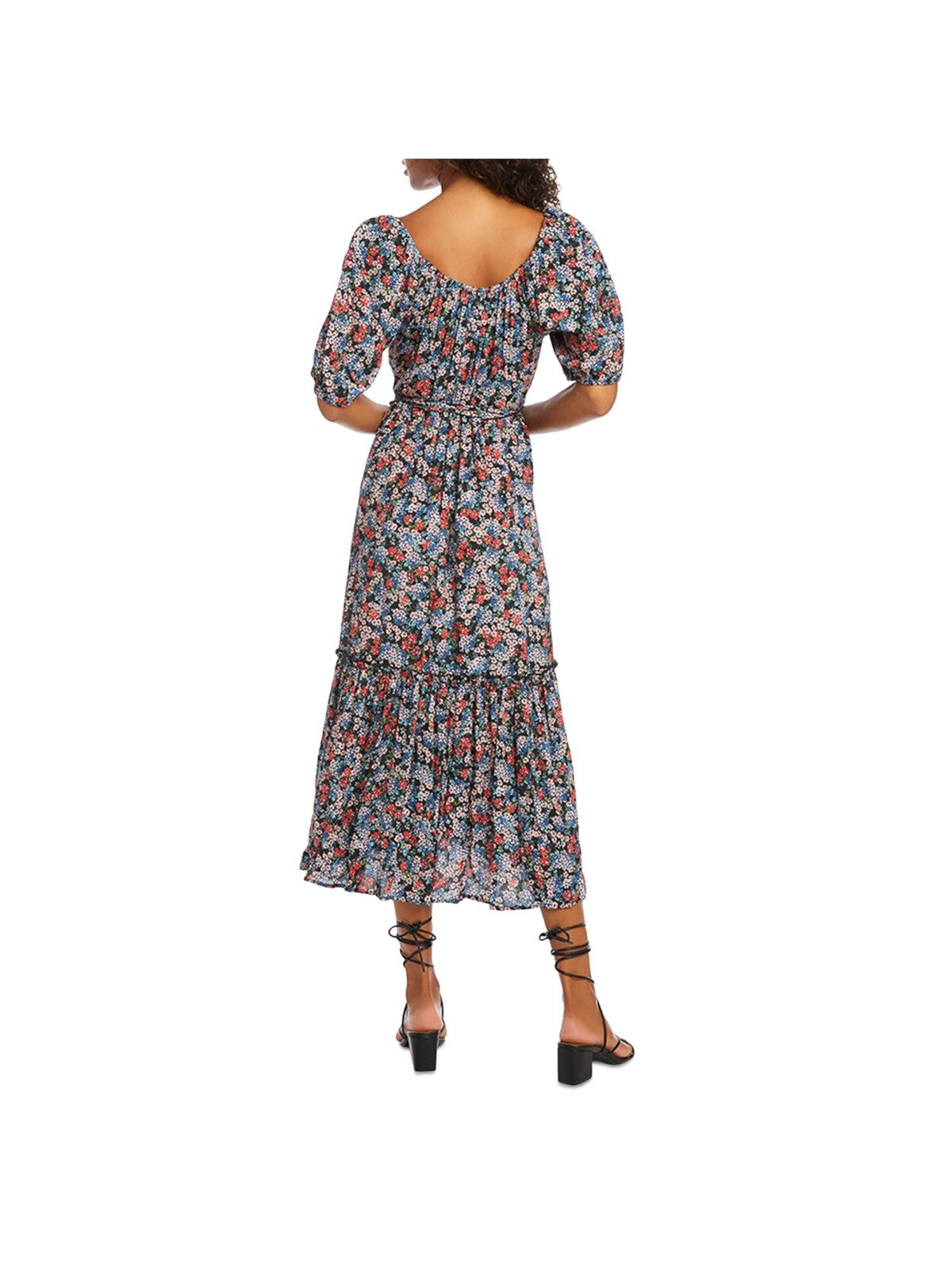 KAREN KANE Womens Black Ruffled Pocketed Self-tie Belt Tiered Floral Pouf Sleeve Scoop Neck Midi Wear To Work Fit + Flare Dress M