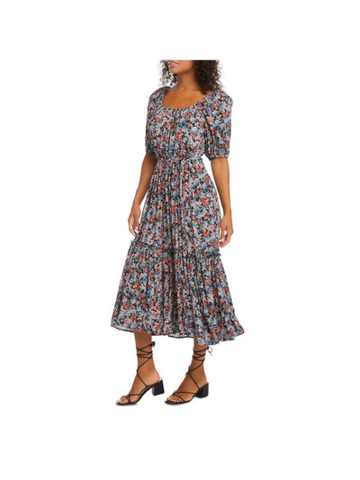 KAREN KANE Womens Black Ruffled Pocketed Self-tie Belt Tiered Floral Pouf Sleeve Scoop Neck Midi Wear To Work Fit + Flare Dress M