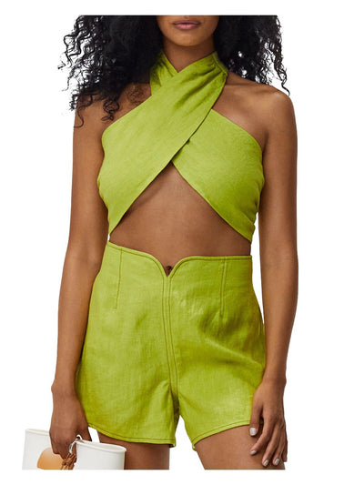 SIMON MILLER Womens Green Textured Pleated Crossover Front Back Tie Sleeveless Halter Cocktail Crop Top M