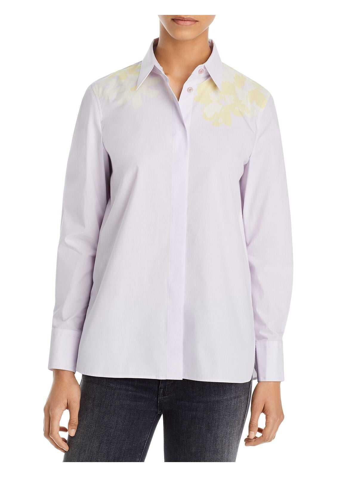 ST JOHN Womens Purple Pleated Floral Cuffed Sleeve Collared Button Up Top M