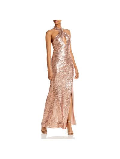 AQUA FORMAL Womens Pink Sequined Slitted Lined Sleeveless Halter Full-Length Formal Sheath Dress XS