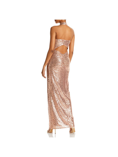 AQUA FORMAL Womens Pink Sequined Slitted Lined Sleeveless Halter Full-Length Formal Sheath Dress XS