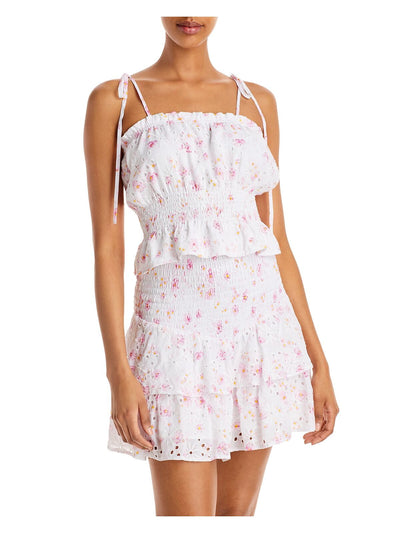 LUCY PARIS Womens White Eyelet Smocked Tie At Shoulders Floral Sleeveless Square Neck Crop Top L