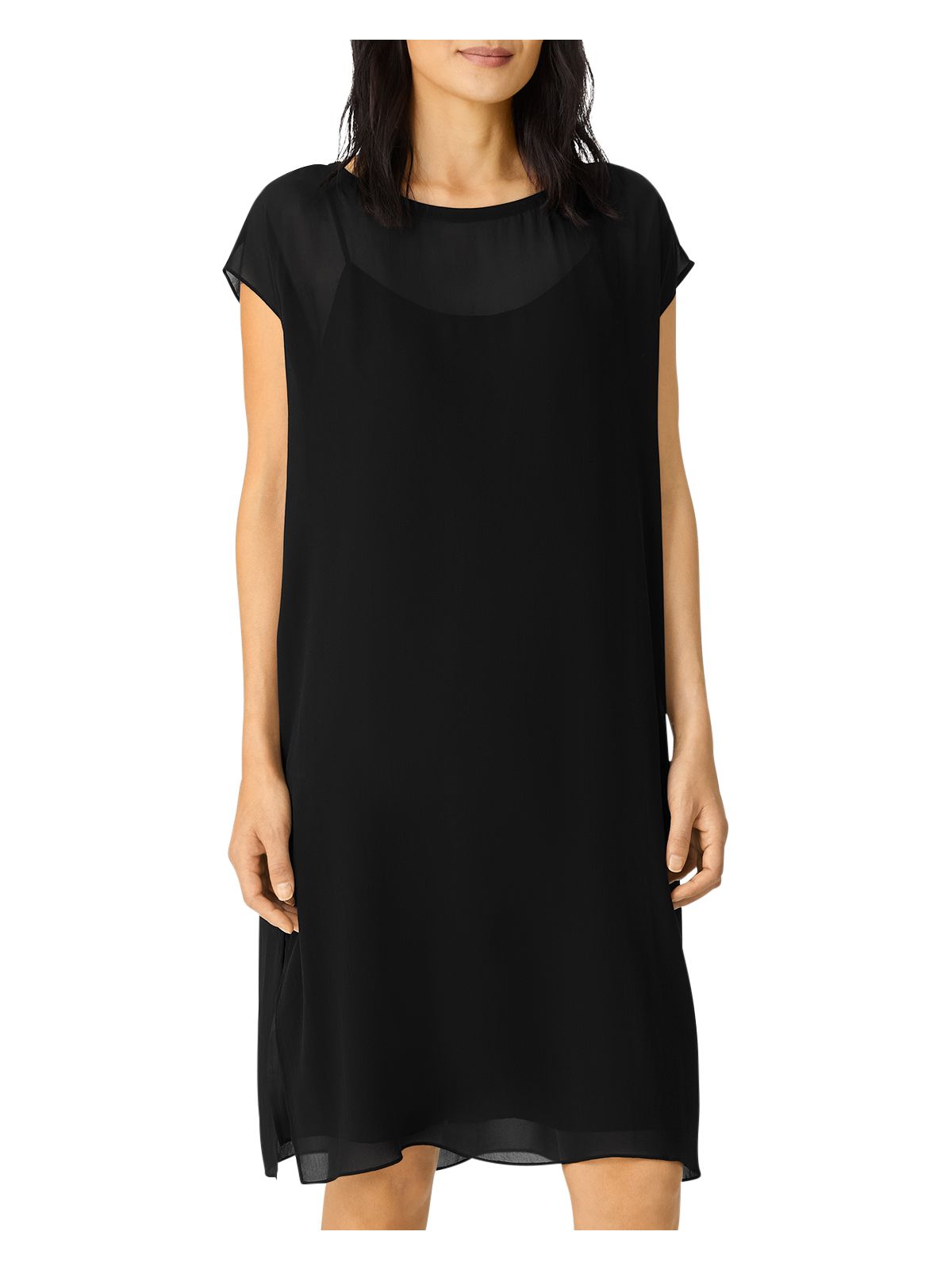 EILEEN FISHER Womens Black Sheer Lined Vented Sides Pullover Cap Sleeve Round Neck Above The Knee Shift Dress S\P